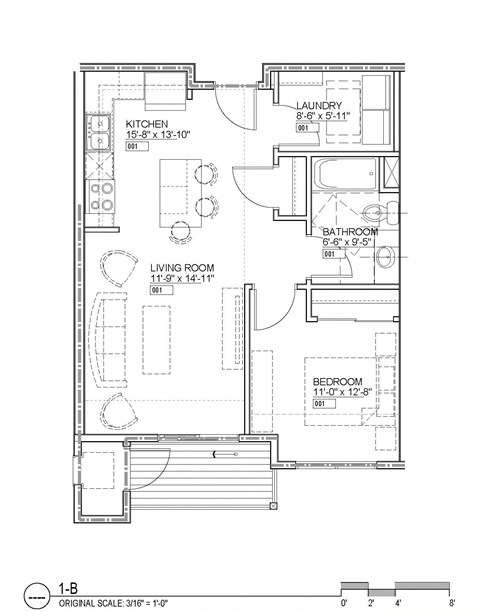 Floor plan for 1 bed, 1 bath, 803 sqft